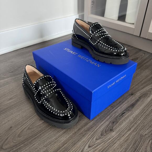 Stuart Weitzman Parker Lift Black Patent Leather Mini Pearl Loafers 36 NEW Shoe - Picture 1 of 8
